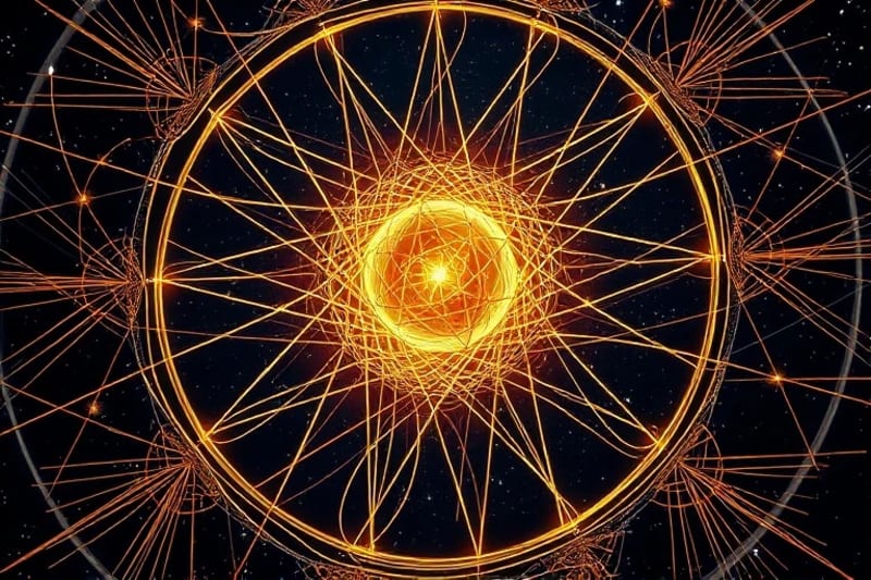 Abstract cosmic threads converging on a glowing orb
