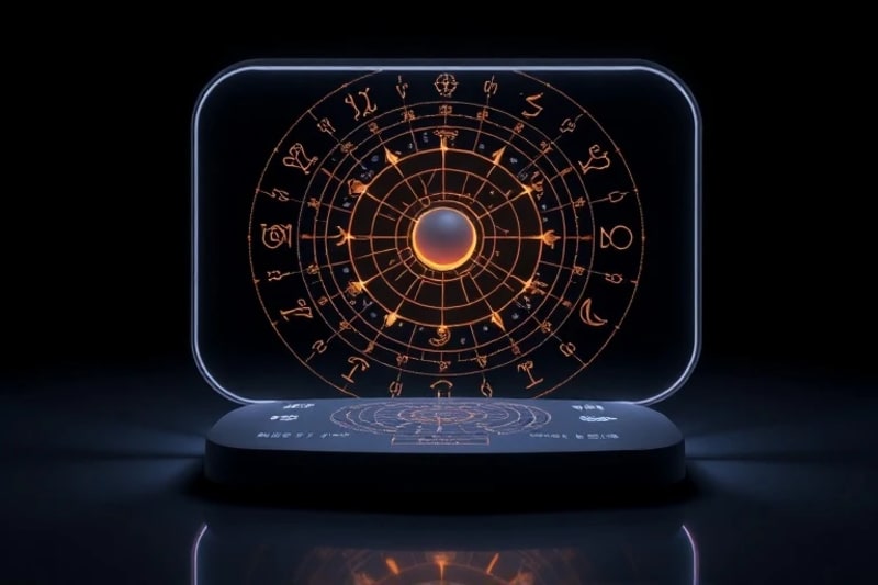 Render 3D de una interfaz holográfica con datos astrológicos