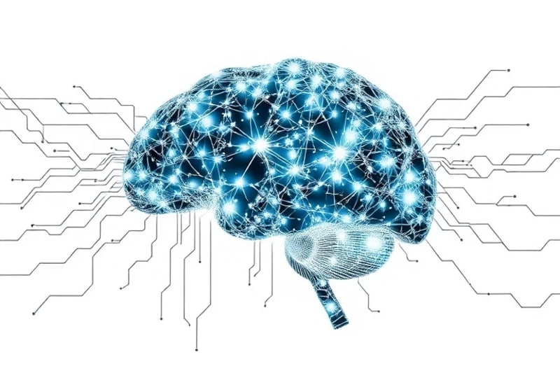 Abstract digital brain with glitches and data nodes