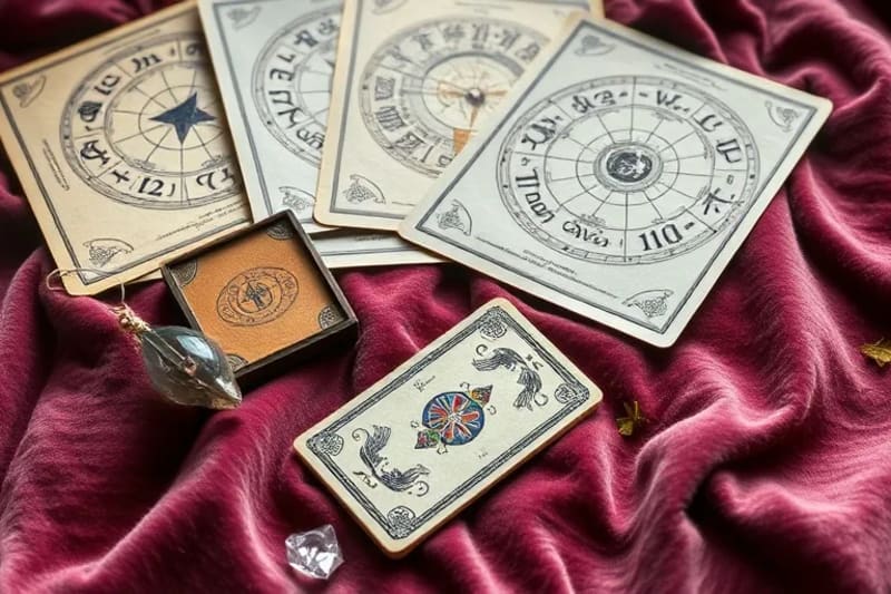 Still life with tarot cards, numerology charts, and crystal pendulum