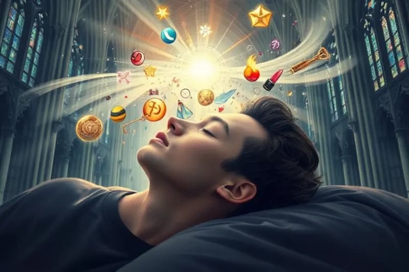 Pintura digital de persona durmiendo con imágenes etéreas de sueños