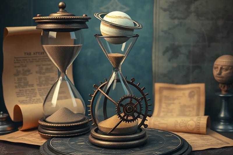 Reloj de arena y engranajes entrelazados con un orrery de Júpiter y Saturno, simbolizando el tiempo y la mecánica celestial.