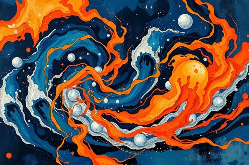 Pintura abstracta expresionista con remolinos de colores vibrantes, representando la energía cósmica y los cambios históricos.