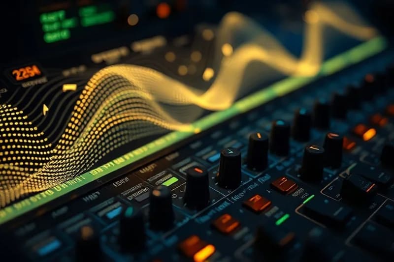 Intricate sound wave patterns emanating from a vintage analog sound mixer, with musical notes interwoven