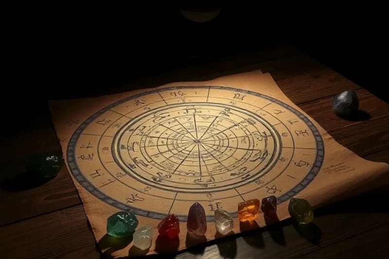 Carta natal astrológica con cristales de chakras, iluminada por la luna.