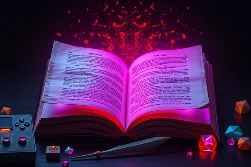 Libro abierto con píxeles luminosos, elementos simbólicos de narrativa y juego