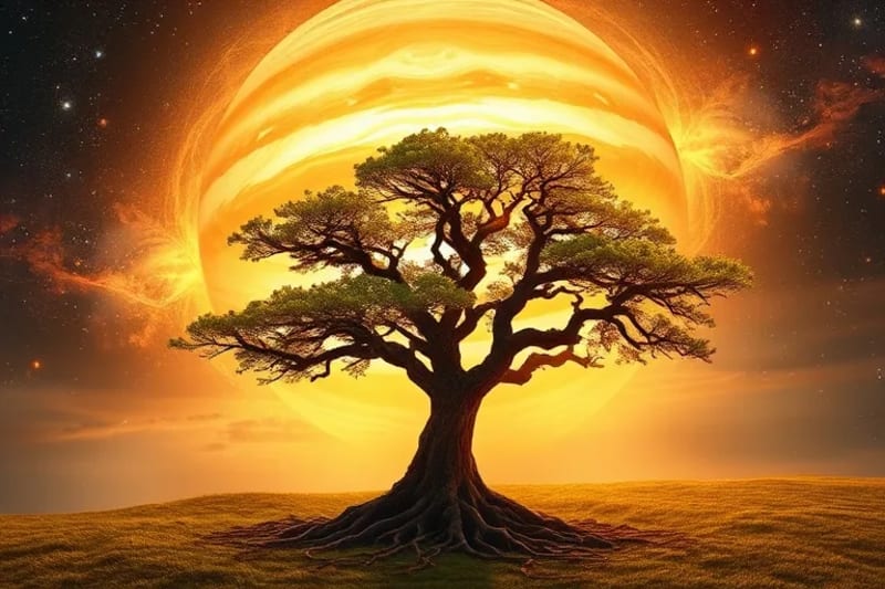 Pintura digital de Júpiter en el cielo nocturno, con un árbol robusto en primer plano, simbolizando el crecimiento y la expansión de un ciclo astrológico.