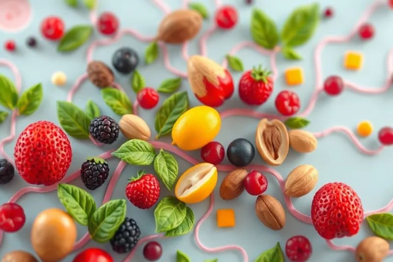 Artistic depiction of metabolic pathways intertwined with healthy food components