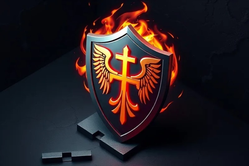 Escudo con símbolo angelical, rodeado de energía protectora