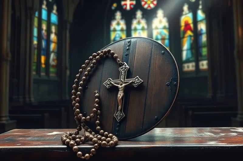 Escudo y rosario en altar antiguo