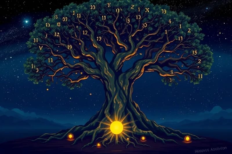 Árbol antiguo con raíces kármicas y ramas cósmicas