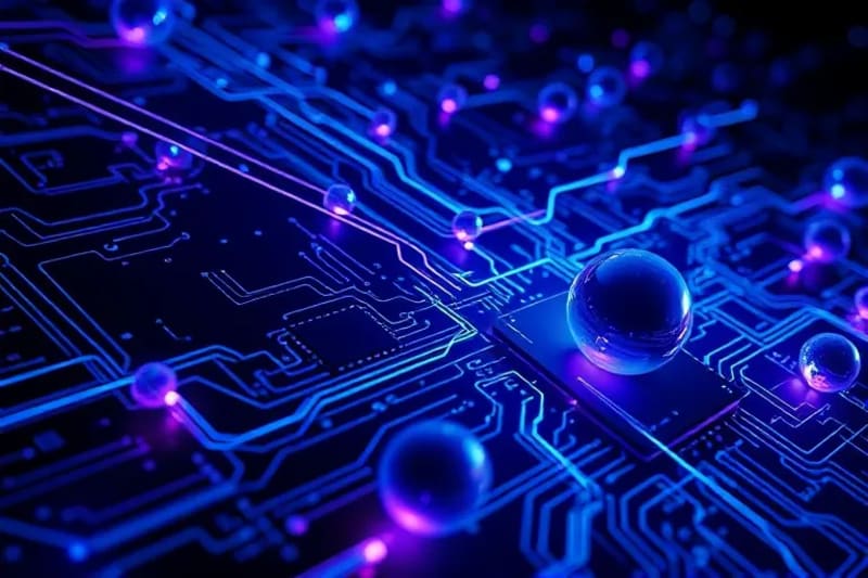 Representación abstracta de un circuito cuántico con qubits entrelazados, mostrando la complejidad y el potencial de la computación cuántica.