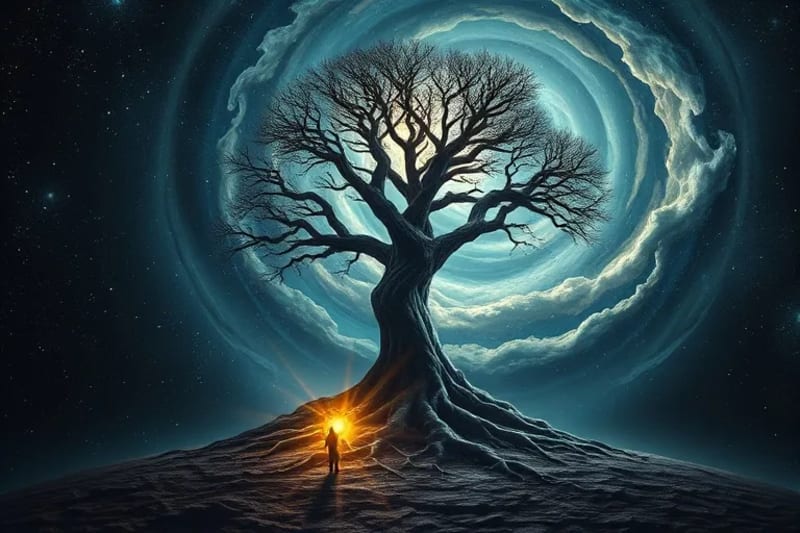 Conceptual art of an ancient tree with glowing roots, ethereal ancestral figures, and a sprouting seed of light