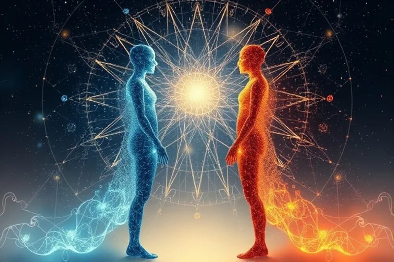 Dos figuras etéreas conectadas por un hilo de energía luminosa que forma patrones geométricos intrincados.