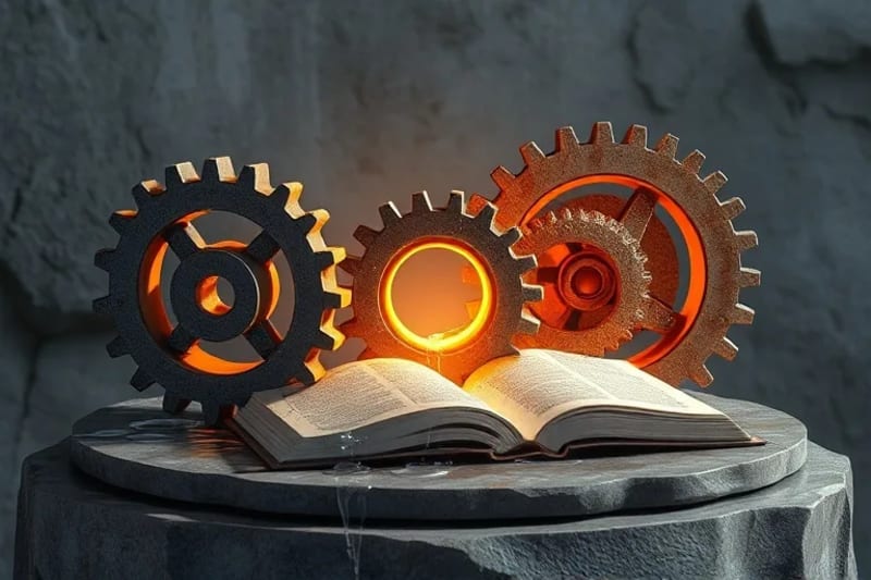 Engranajes abstractos de piedra y agua que simbolizan la interacción entre la fe y la acción social
