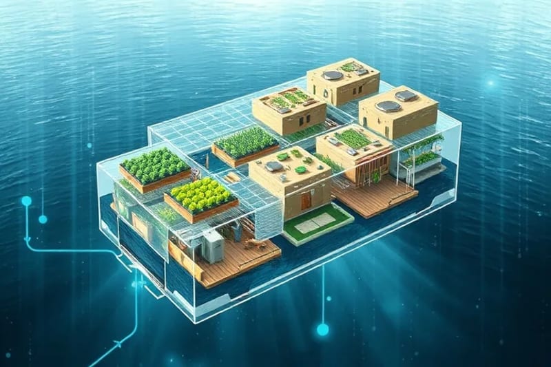 Detailed watercolor illustration of a sustainable floating module's internal systems.
