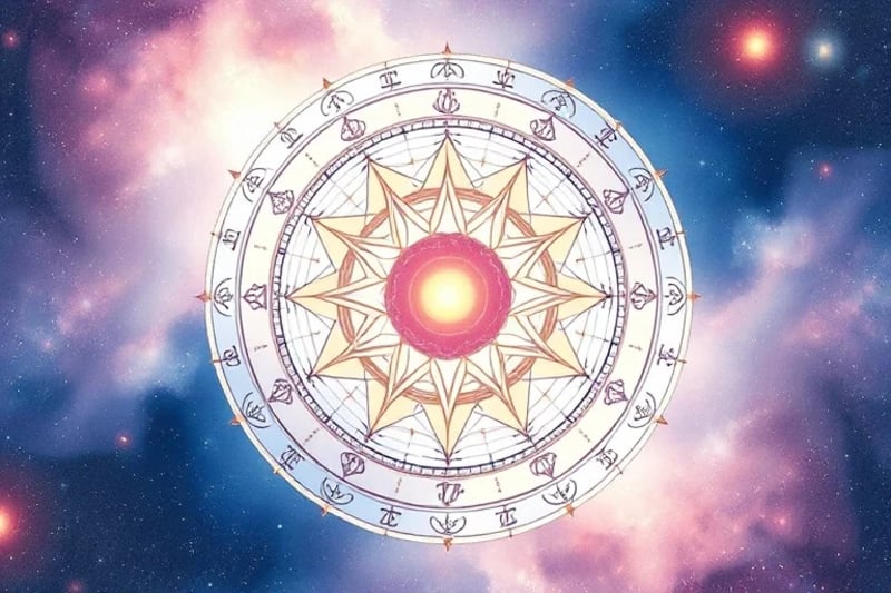 Mandala delicada formada por dos círculos superpuestos con símbolos astrológicos y zodiacales, en tonos pastel.