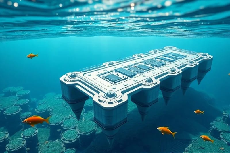 3D render of resilient underwater foundations for a floating city, showing marine life.