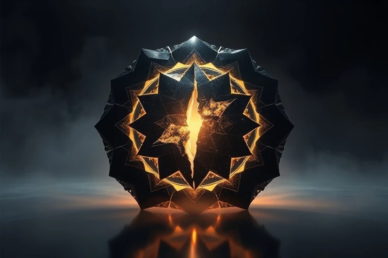 Symbolic rebirth and internal illumination Fractured dark crystal radiating warm light