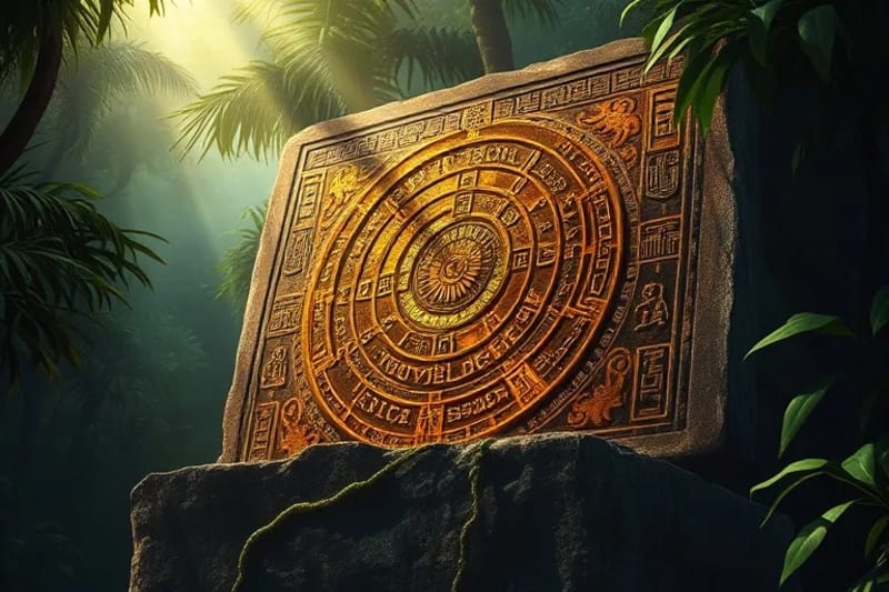 Detalle de un calendario maya con glifos y símbolos