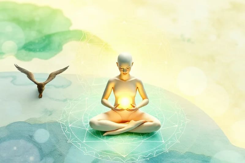Meditating figure surrounded by energy waves