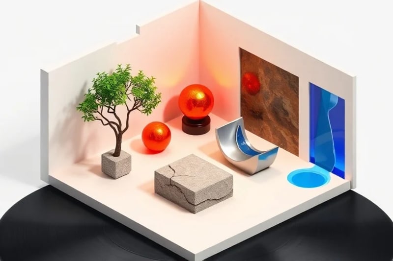 Render abstracto de una estructura de casa con elementos geométricos y colores simbólicos