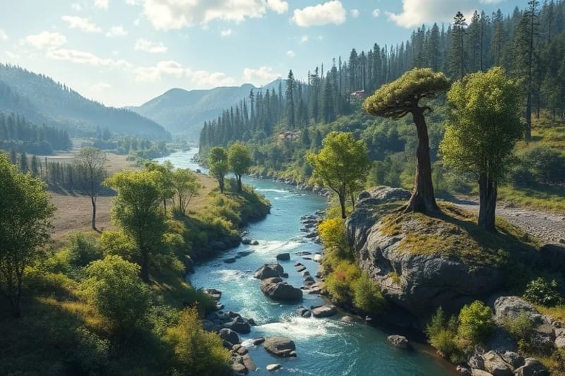 Lush digital painting of a restored ecosystem with healthy trees and clear river