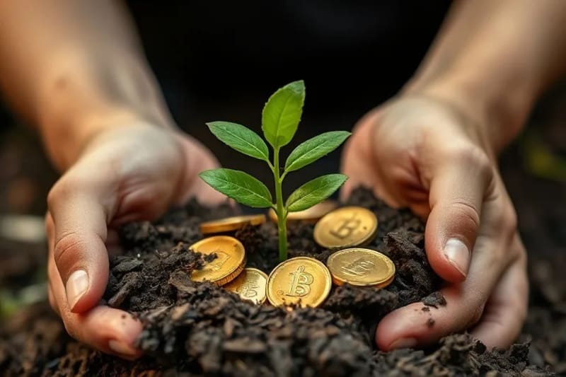 Macro shot of hands holding a plant sprout and coins, symbolizing capital and nature