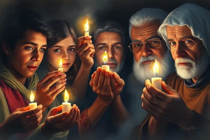 Grupo diverso de manos, jóvenes y mayores, sosteniendo velas encendidas en un entorno oscuro, sus rostros iluminados por la luz cálida de las llamas.