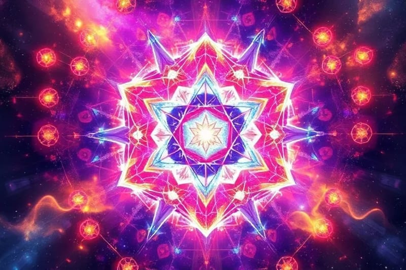 Pintura digital abstracta de formas geométricas vibrantes que irradian energía