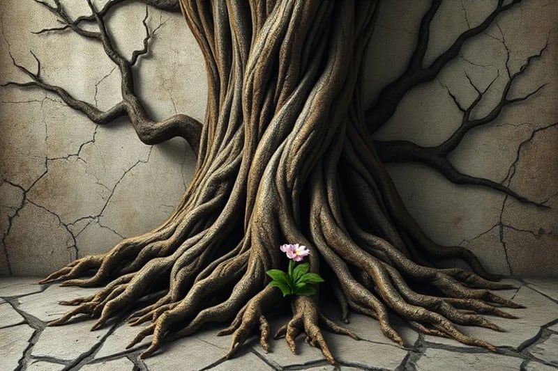 Árbol antiguo y retorcido que crece a través de un pavimento agrietado, con raíces profundas y flores vibrantes brotando a su alrededor.