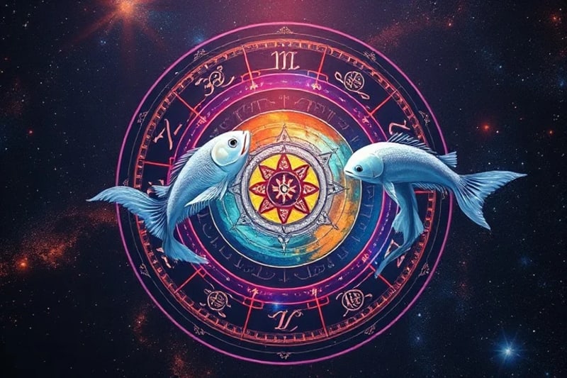 Stylized depiction of zodiac wheel with Pisces transitioning to Aquarius