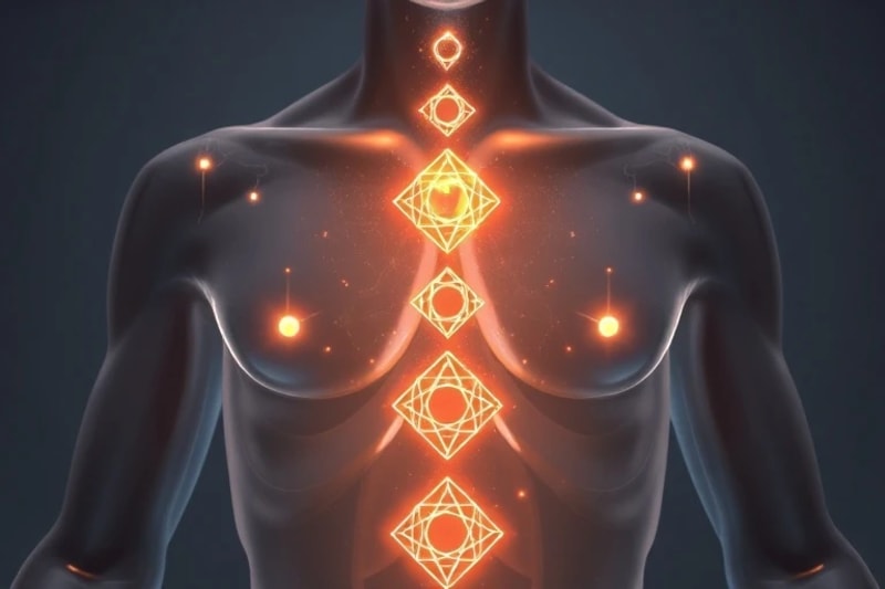 Render 3D de un torso translúcido con chakras activados y energía sanadora