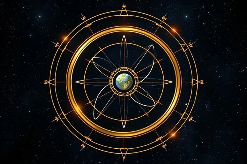 Abstract 3D render of cosmic mechanism with intertwined rings