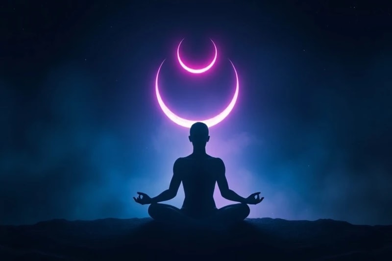 Figura meditando bajo luna nueva, simbolizando la integración de la sombra y la luz