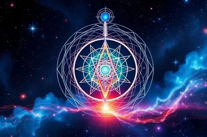 Digital painting of a tuning fork creating cosmic patterns that connect to planetary orbits and chakra systems
