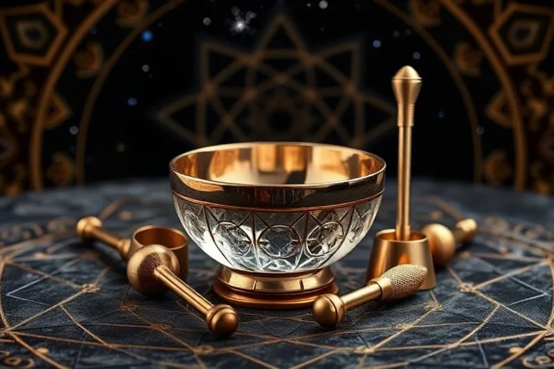 Macro photography of crystal singing bowl, metal tuning forks, and a small gong on a dark, textured surface