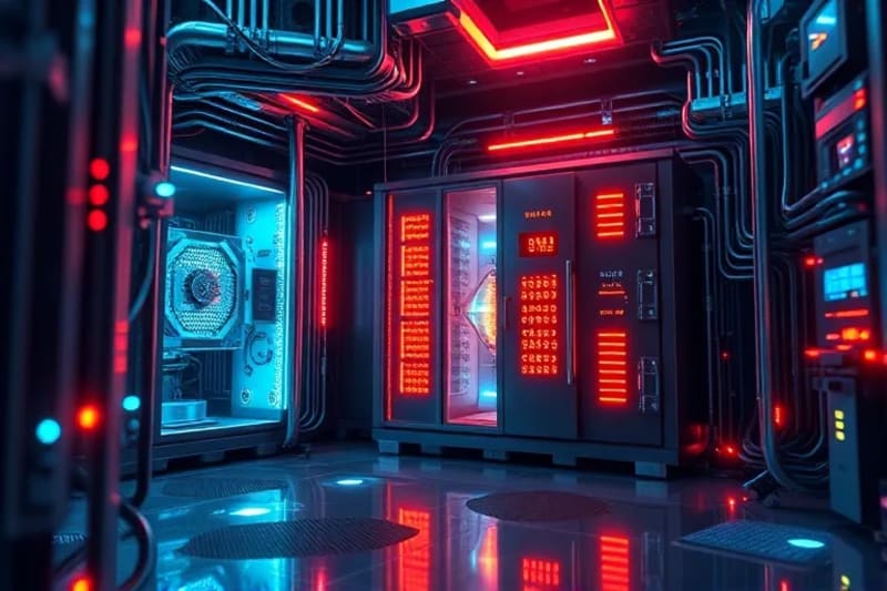 Vista conceptual de una sala de servidores segura con elementos de computación cuántica