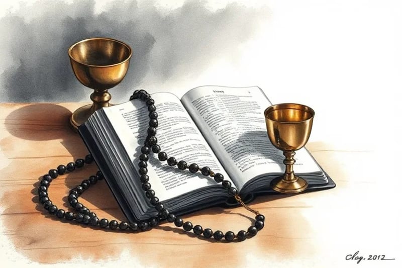 Rosario, Biblia y cáliz en acuarela