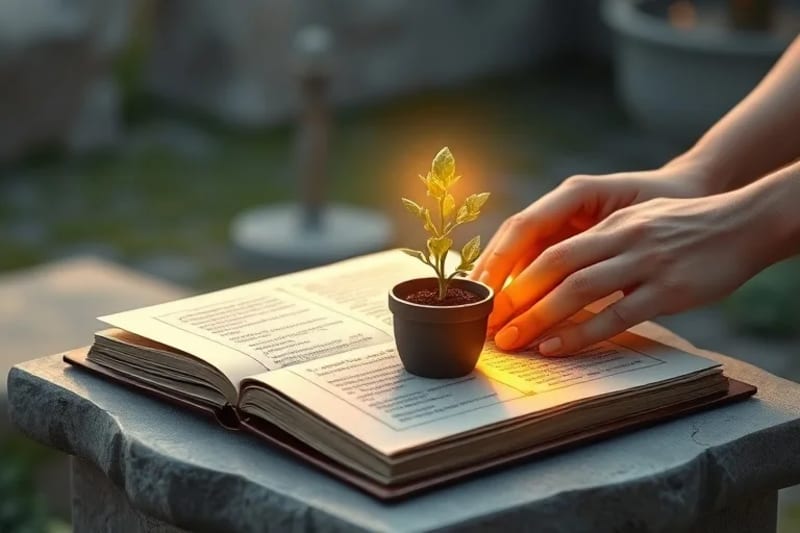 Manos cuidando una planta con luz dorada