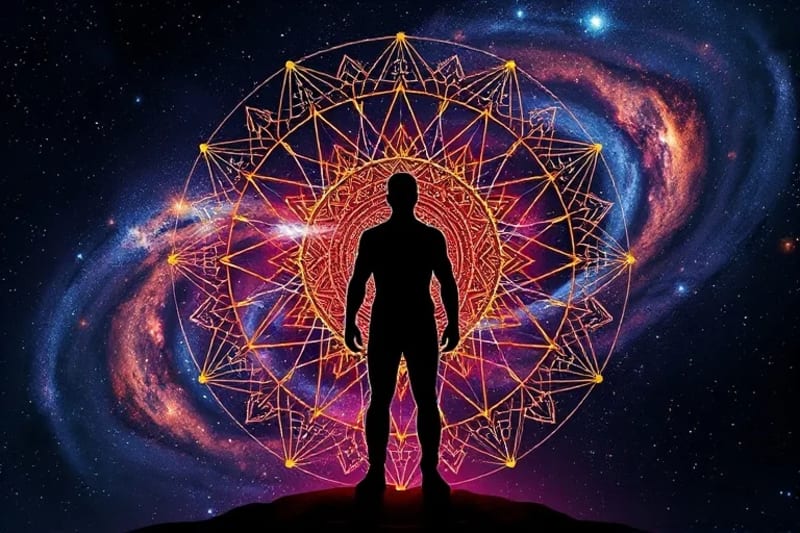 Stylized human silhouette with numerical grid overlaying galaxy