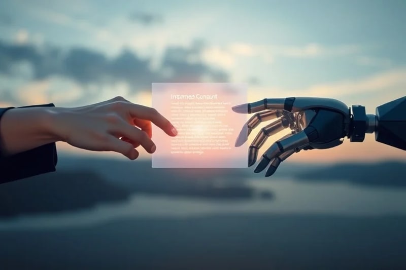 Manos humanas y robóticas conectándose sobre un contrato digital transparente