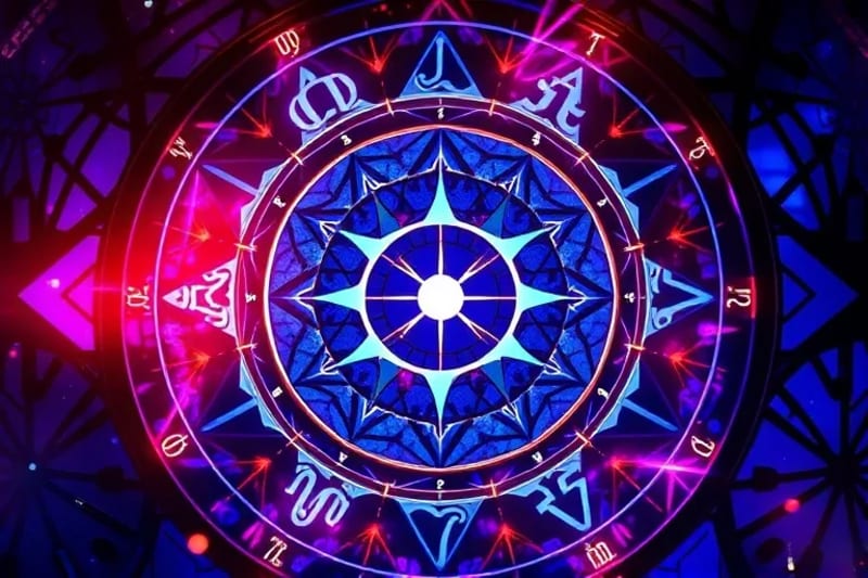 Abstract geometric shapes with numerical and planetary symbols