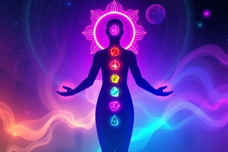 Representación vibrante del sistema de chakras con cristales asociados y patrones energéticos
