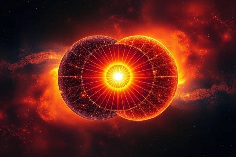 Luminous overlapping spheres with a bright midpoint, symbolizing astrological energy convergence