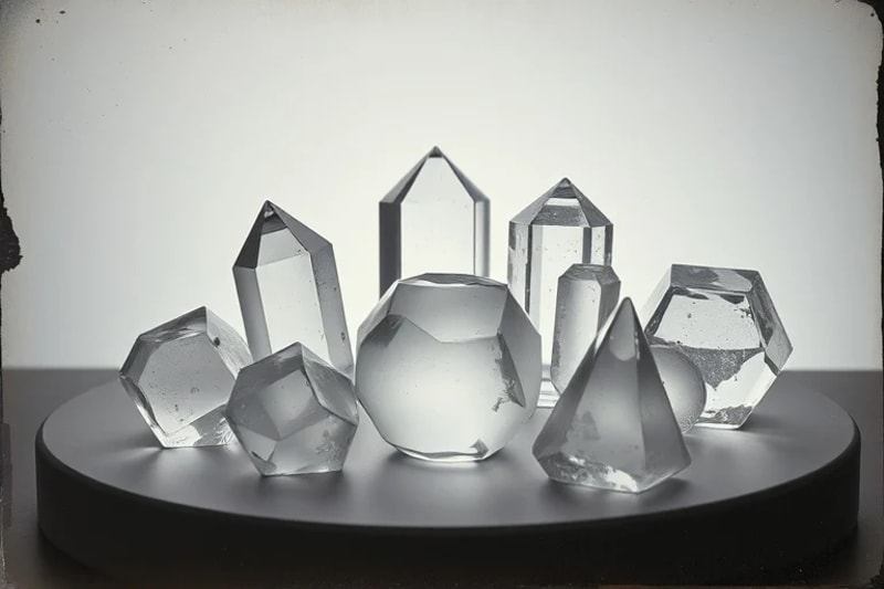 Abstract patterns of light and sound interacting with crystals, symbolizing predictive harmonics