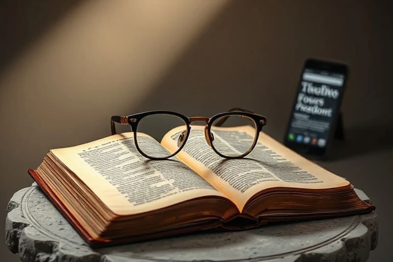 Gafas antiguas sobre una Biblia abierta con un smartphone en el fondo