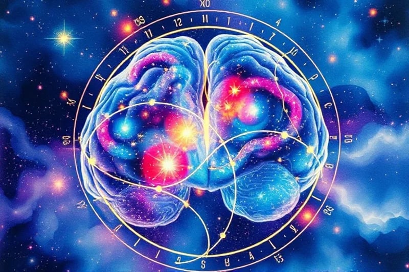 Representación abstracta de ondas cerebrales y patrones cósmicos