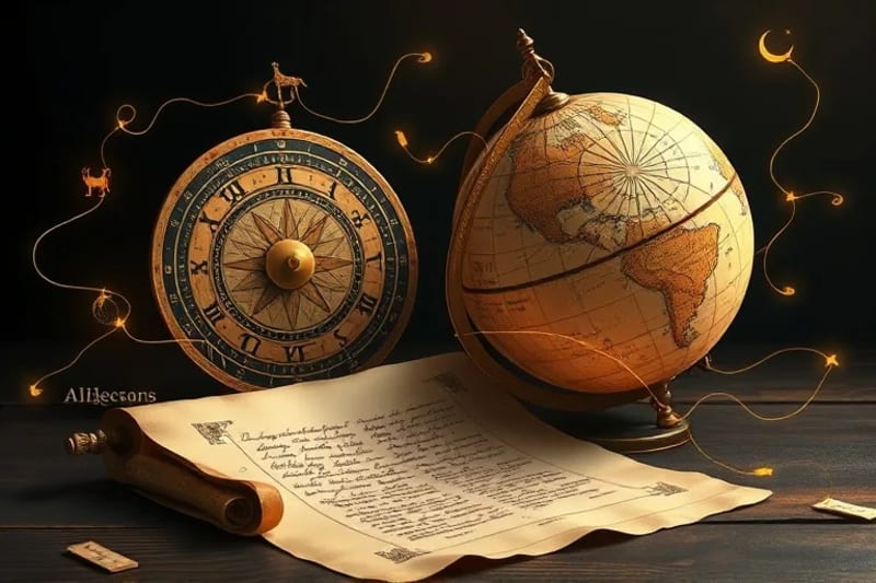 Antique astronomical instruments and a scroll with ancient script symbolizing esoteric knowledge