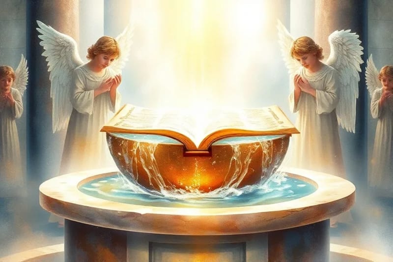 Fuente bautismal con agua bendita y ángeles protectores